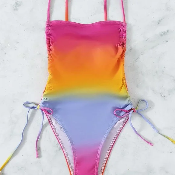 New Ombre Drawstring Side One Piece Swimsuit Rainbow - Picture 5 of 6